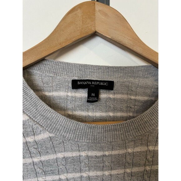 Banana Republic Gray White Stripe Cable Knit Crew Neck Lightweight Sweater M - Picture 4 of 7